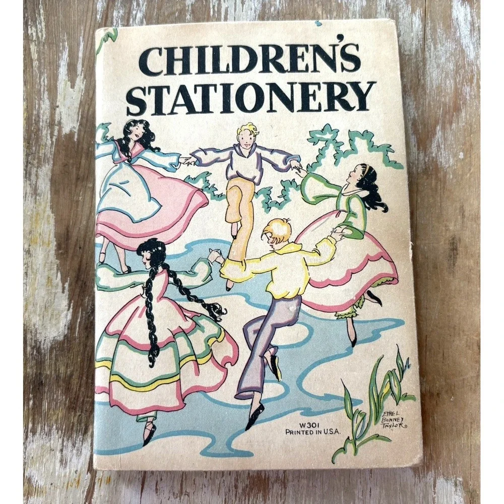 Vintage childrens stationery writing paper pink blue envelope Skeezix illus 1930